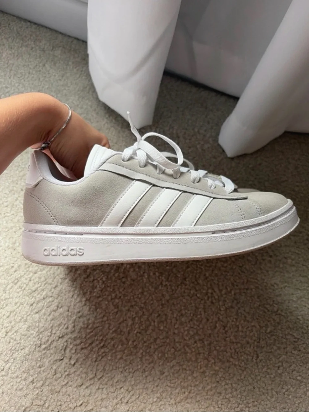 adidas Women's Beige Suede Court-Style Sneakers with White Stripes